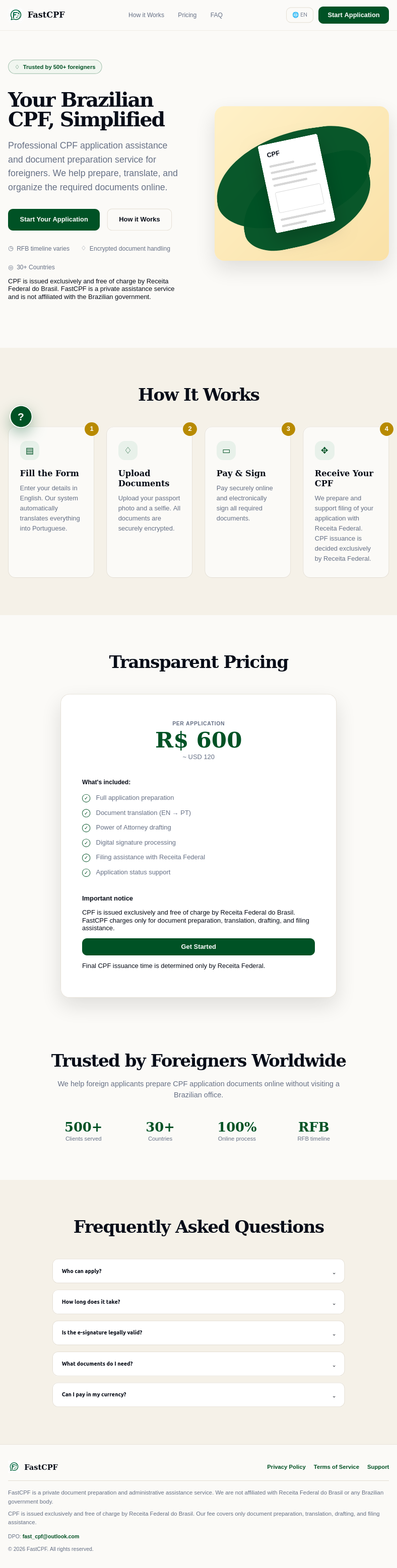 FastCPF landing page showing the service introduction, application steps, pricing and frequently asked questions