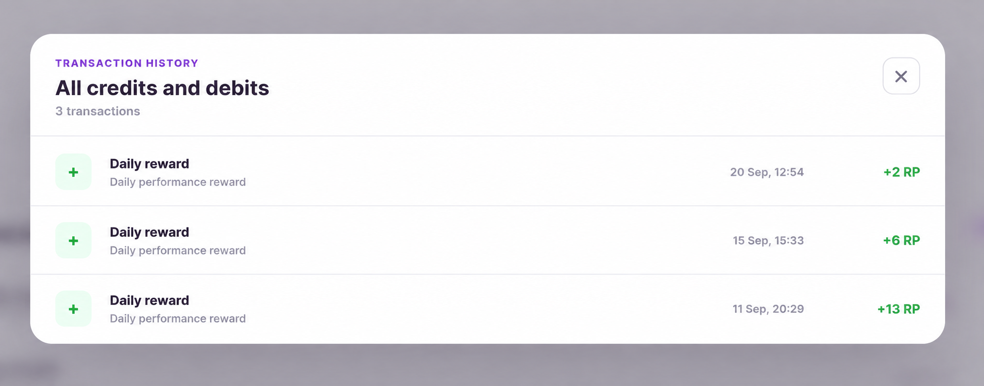 Reward history with three dated point credits